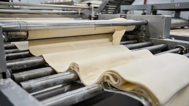 Medium shot capturing the multiroll lamination line as dough sheets are folded and layered repeatedly emphasizing the complexity and depth of the baking process.