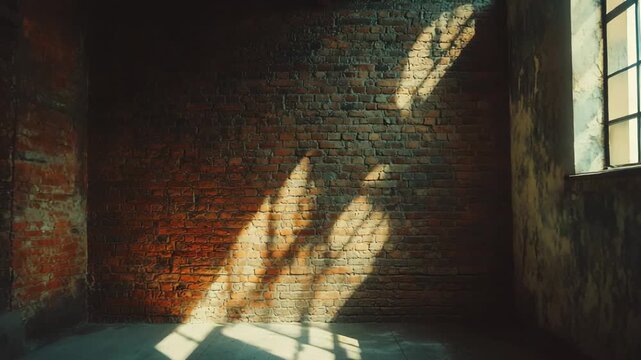 Abandoned industrial room featuring textured brick walls, a wooden ceiling, and a single window, with warm sunlight streaming through, casting dramatic shadows and illuminating the empty space