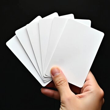 Hand holds fanned blank white cards for design or game creation. Empty playing card templates ready for custom art. Ready for your unique graphic.