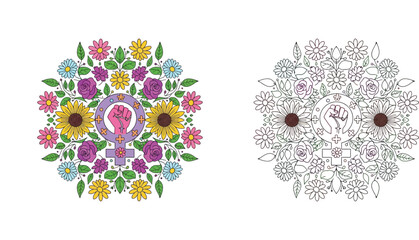 International Women's Day floral mandala with raised fist and venus symbol vector illustration set. Feminist girl power emblem with flowers and coloring page outline. © SHOHAG