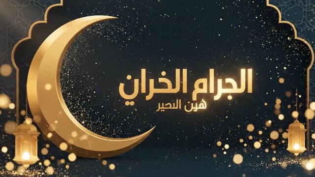 Elegant Islamic background with crescent moon and Arabic text in gold