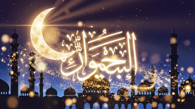 Elegant Islamic design featuring a crescent moon, mosque silhouette, and Arabic calligraphy