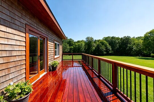 Freshly stained cedar deck patio in sunny backyard. Polished wooden terrace with lush green trees, blue sky, modern residential exterior, outdoor summer lifestyle setting.