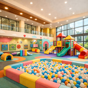 Colorful indoor playground with ball pit soft play slides climbing frames and bright nursery decor in a modern family entertainment center designed for active children and toddlers