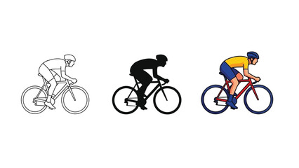 Obraz premium Set of three cyclist icons outline, silhouette and colored illustration, riding a road bike in a racing posture