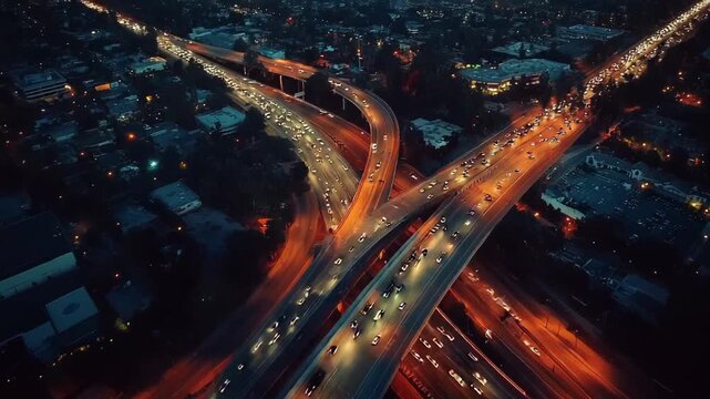 Night aerial view of a busy multilane highway interchange with long exposure light trails from moving vehicles, glowing city lights, and blurred urban traffic flow