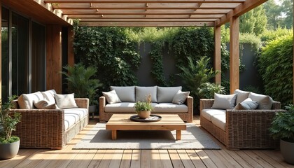 Fototapeta premium Luxury patio wicker seating set with wood table and green plants. Modern outdoor lounge furniture offers comfort and style. Enjoy natural ambiance under wooden pergola.