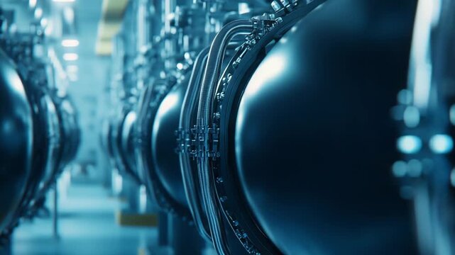 Industrial cryogenic cooling systems and server hardware glow blue in a clean lab, supporting quantum computing research, ai infrastructure, and future data center innovation