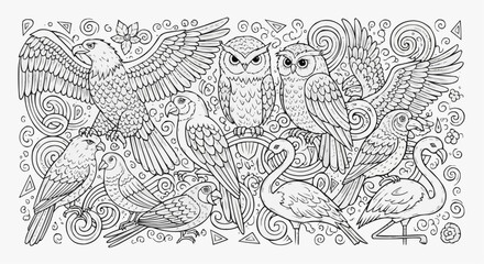 Obraz premium Black and White Animal Doodle Illustration Full Page Packed Coloring Book Style