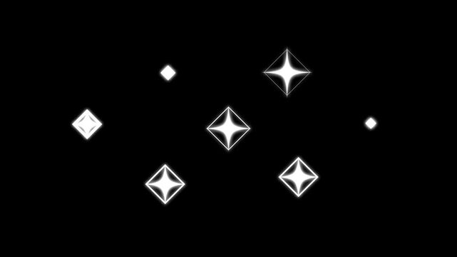 Twinkling star shine animation with white cartoon doodle flat vector sparkles, glowing blinking festive light effects for celebration overlays on transparent black screen, smooth 4K