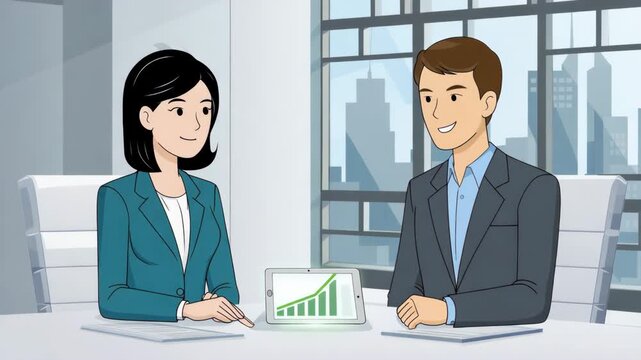 Animated business meeting with financial growth chart on tablet in office setting with city view background