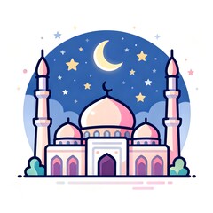 Serene mosque illustration with crescent moon and stars at night