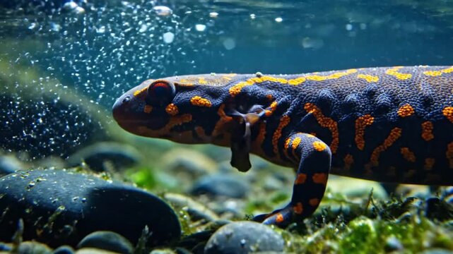 Underwater close-up view of a vibrant orange and dark patterned salamander swimming through a natural river environment