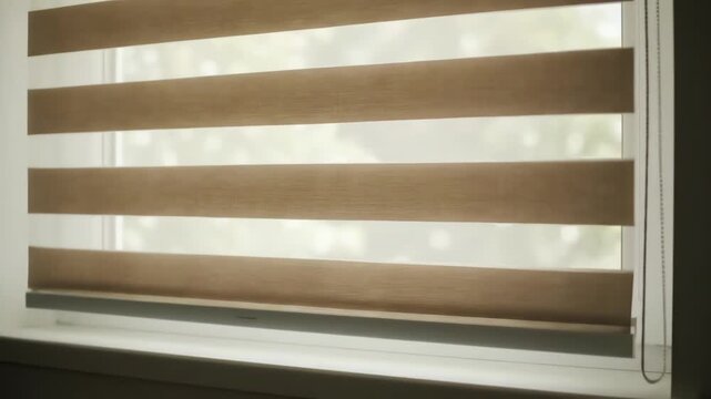 Motorized striped blinds beige color closeup in the window opening. 4k resolution video 30fps.