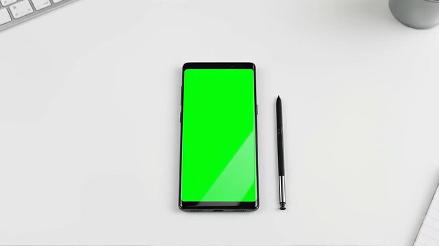 Modern Mobile Tech Setup Green Screen Phone with Keyboard  Plant on Desk.