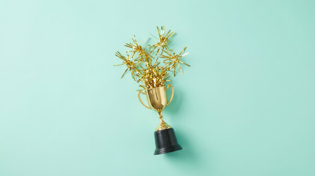 A golden trophy cup with golden sparkles against a light blue or teal colored background