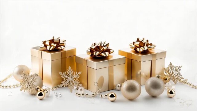 Three gold gift boxes with bows, ornaments, snowflakes, and beads on a white surface