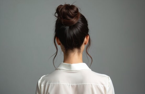 Woman with dark hair in a high bun wears a white blouse from behind against a grey background. Elegant hairstyle and outfit suggest professional or formal attire. Minimalist studio portrait.
