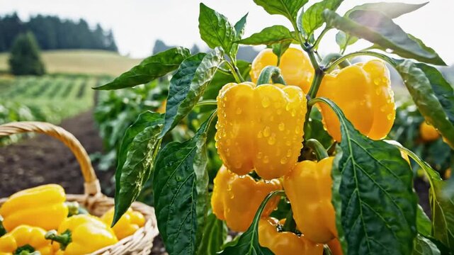 Ripe yellow bell peppers on the vine with a basket of freshly harvested peppers in a garden