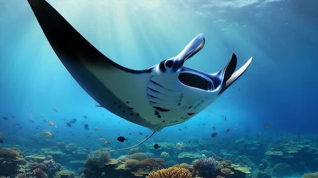 A majestic manta ray swims in a vibrant ocean teeming with fish and coral reefs