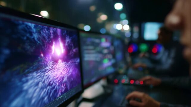 A Close-Up View of Advanced Graphics Software in Use by a Skilled Operator at Night, Showcasing Stunning Visual Effects and Urban Lighting Atmosphere
