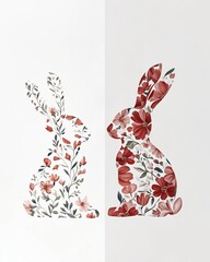 Floral Bunny Silhouette with Red Flowers Minimal Spring Design