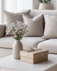 Neutral Gift Box with White Flowers on Coffee Table in Cozy Living Room