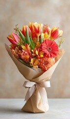 Elegant Spring Bouquet with Tulips and Dahlias in Warm Colors