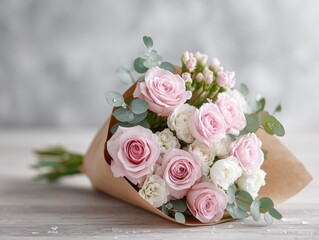 Elegant Bouquet of Pink Roses and White Flowers Wrapped in Kraft Paper