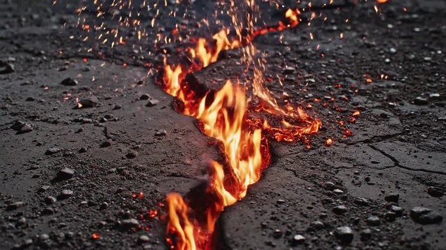 fire erupting from asphalt crack, flames burning, dangerous situation