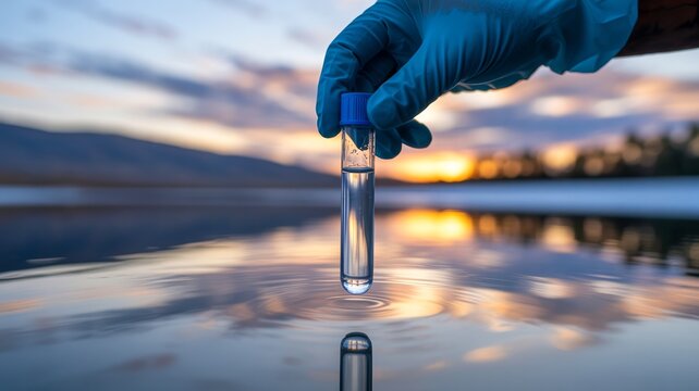 Environmental scientist collecting a water sample from a serene lake at golden sunset, testing water quality and purity in nature