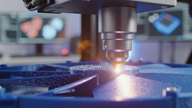 Close-up of a 3D printer building a blue fan, the future of manufacturing and technology.