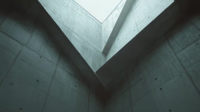 Concrete architecture forming an abstract composition with a square skylight, highlighting minimalist design, geometric patterns, and raw cement surfaces bathed in soft light