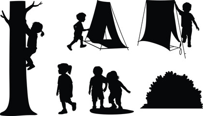Children camping silhouettes set with kids playing outdoors, tent setup, nature adventure activities, childhood exploration scenes isolated on white background for summer camp and outdoor lifestyle  © MdFojlur
