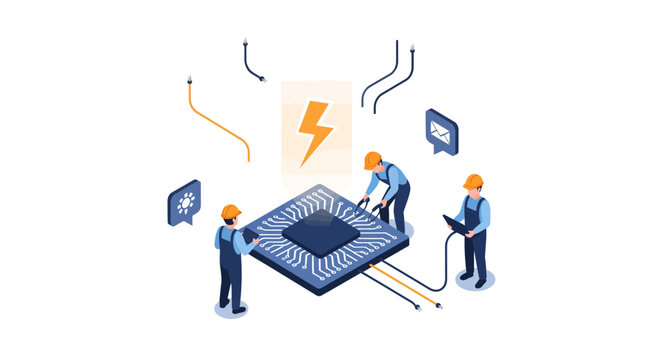 Miniature workers assembling a computer microchip.