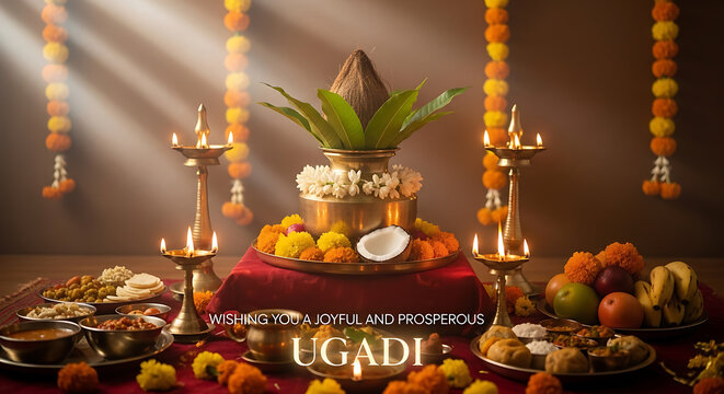 Vibrant Ugadi festival celebration with traditional decorations and offerings on a red cloth