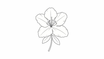 Black and White Outline Drawing of a Single Rhododendron Flower with Leaves