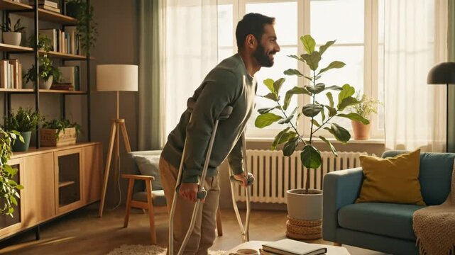 Man with crutches recovering from injury indoors, taking steps forward and staying positive during rehabilitation