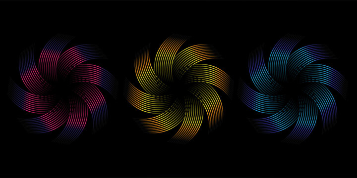 pink, yellow, blue metal circle frames 3d vector realistic illustration. First, second and third place medals or buttons isolated on black background. Certified. Quality blank, empty badge set.