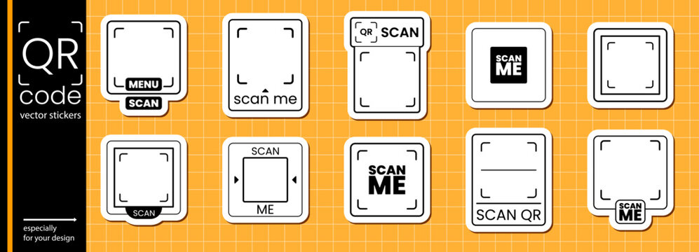 Scan me icon and qr code frame with sticker logo arrow. Design phone payment and shape vector qrcode with cta app website. Set scan barcode and tag qr box with badge code illustration