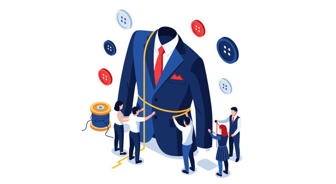 Tailors Measuring and Fitting Custom Suit Illustration.