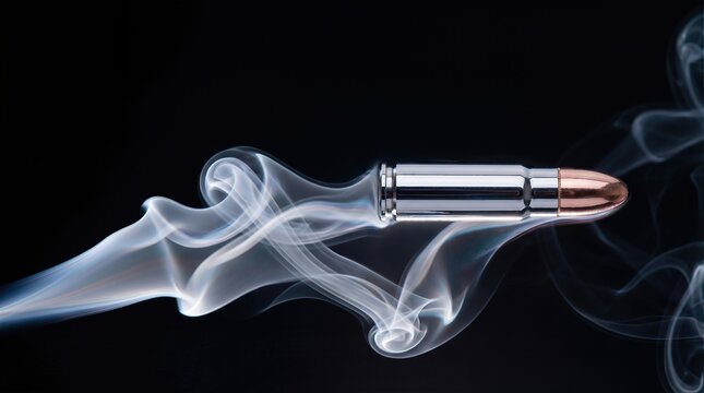 Silver bullet with copper tip surrounded by swirling smoke against a dark background, showcasing a detailed close-up of the ammunition and vapor