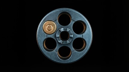 Fototapeta premium Revolver cylinder with six chambers, one containing a brass bullet, displayed against a black background highlighting its metallic finish and intricate design details