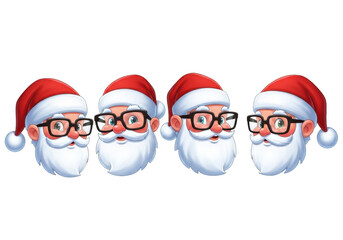 Four cartoon santa claus heads wearing glasses isolated on transparent background