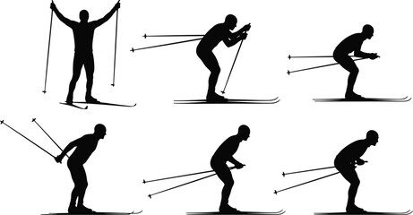 Set of cross country skiing athlete silhouettes in motion isolated on white background, black winter sports figures collection for training, competition, and fitness design