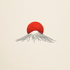 Japanese wallpaper featuring sun with subtle gradient effects rising over silhouette of Mount Fuji with gentle slopes and a pronounced peak sign