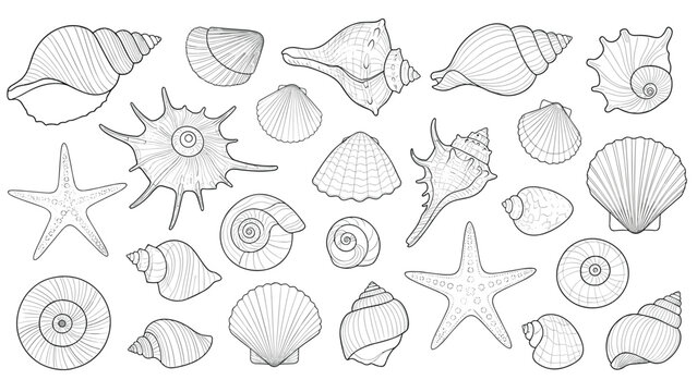Large collection of diverse seashell species and starfish presented as detailed line art illustrations for nautical and marine themed designs.