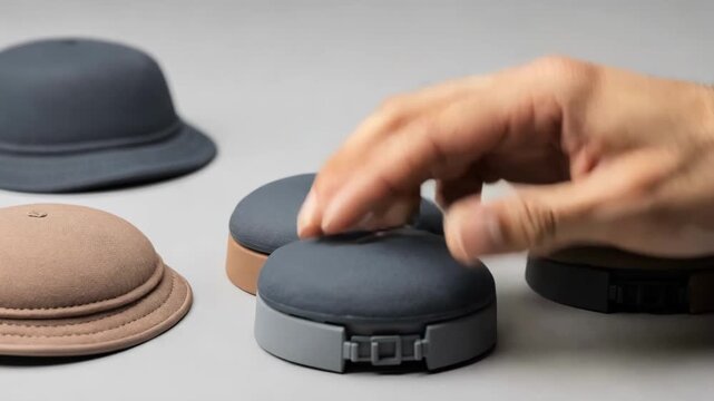 Closeup on modular hat parts being snapped together to create diverse crown styles showcasing innovative design and adaptability in headwear customization.