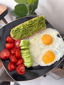 Healthy breakfast plate with fried eggs, avocado toast, sliced cucumber and cherry tomatoes, close up in natural light, clean eating and balanced diet concept.