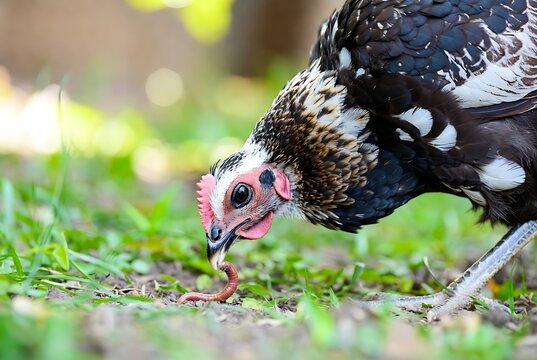 Close-up of domestic hens foraging in a green garden | Ayam Makan Cacing di Tanah | Foto Ayam Kampung